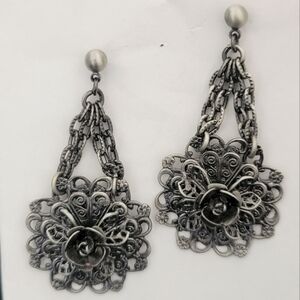 Vintage SIlver Tone Floral Dangle Drop Post Earrings